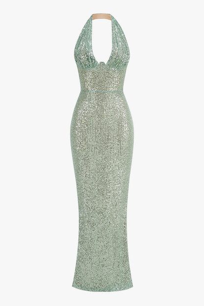 Glitter Ruched Plunge Halter Bodycon Sequin Mermaid Evening Maxi Dress