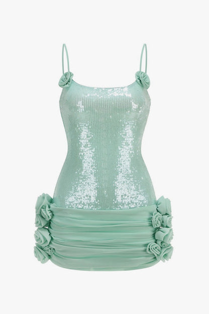 Glitter Sequin Sleeveless Lace Up Rosette Ruched Micro Mini Party Dress