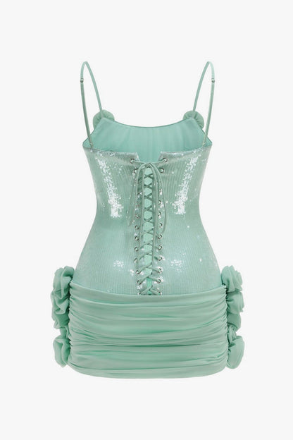 Glitter Sequin Sleeveless Lace Up Rosette Ruched Micro Mini Party Dress