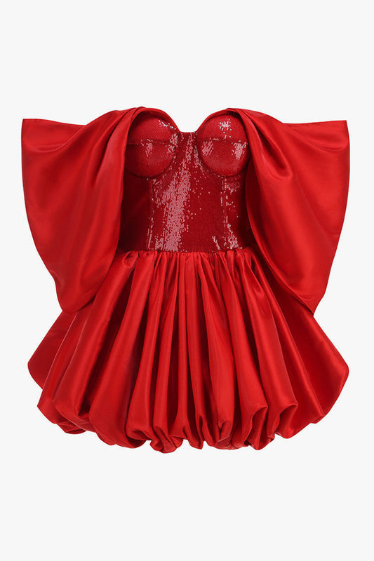 Glossy Satin Draped Off Shoulder Sequin Corset Bubble Party Mini Dress