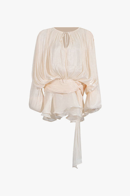 Glossy Tie Neck Pleated Lantern Sleeve Drop Waist Vacation Micro Mini Dress