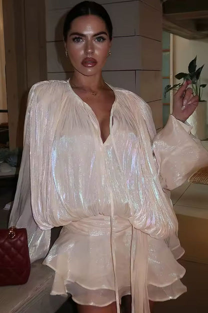 Glossy Tie Neck Pleated Lantern Sleeve Drop Waist Vacation Micro Mini Dress