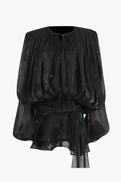 Glossy Tie Neck Pleated Lantern Sleeve Drop Waist Vacation Micro Mini Dress