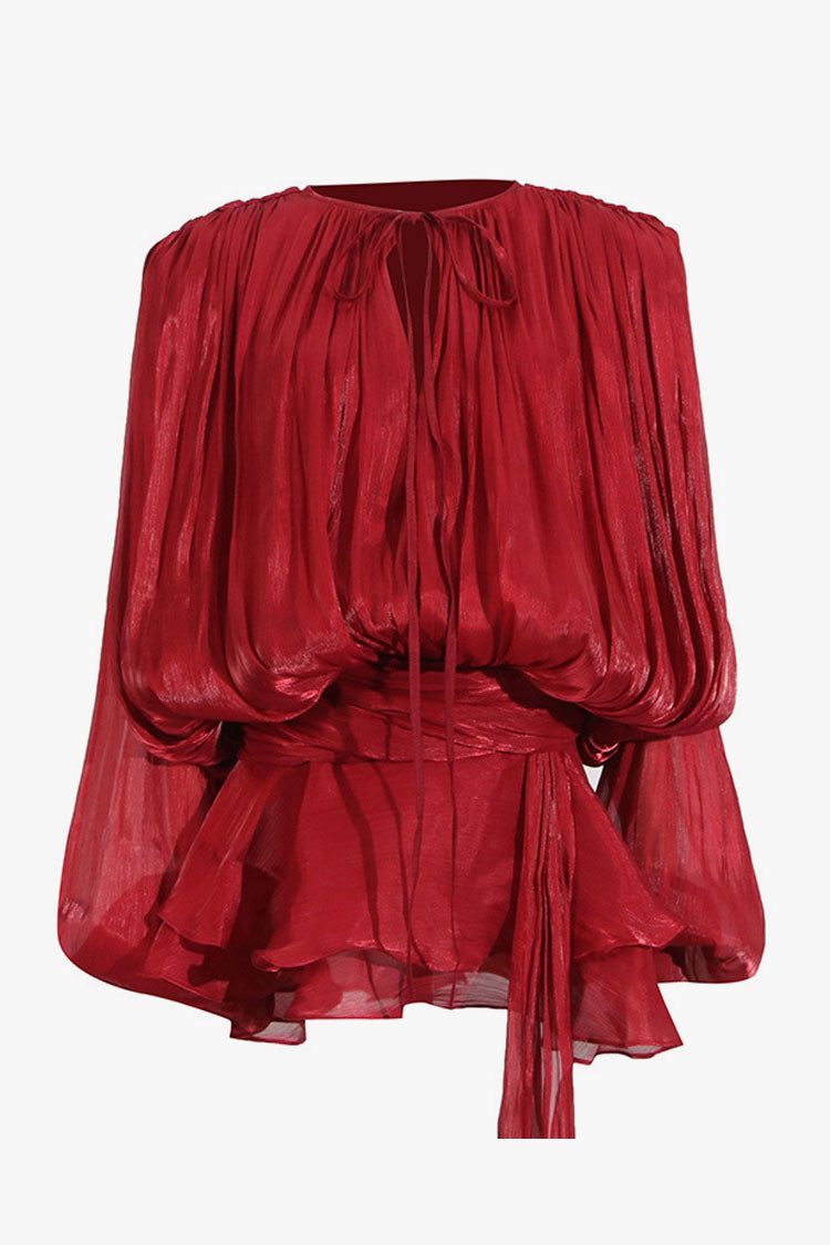 Glossy Tie Neck Pleated Lantern Sleeve Drop Waist Vacation Micro Mini Dress