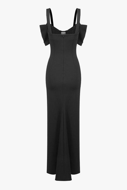 Gorgeous Bow Sweetheart Sheer Panel Crystal Sleeveless Evening Maxi Dress