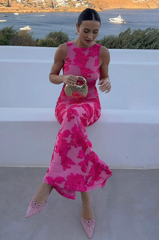Gorgeous Floral Jacquard Crew Neck Sleeveless Mesh Evening Maxi Dress