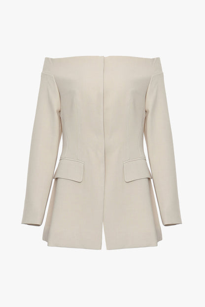 Graceful Off Shoulder Long Sleeve Zip Up Button Down Cinch Waist Blazer