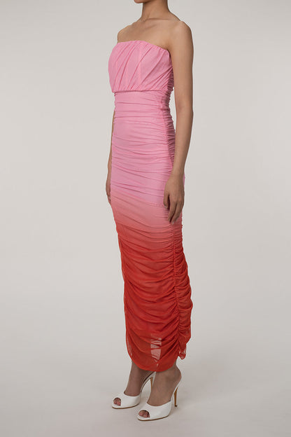 Gradient Strapless Mesh Ruched Bodycon Corset Evening Maxi Dress - Pink