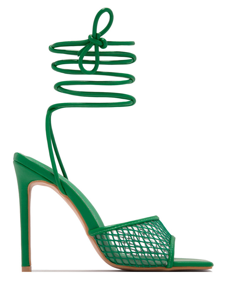 Square Toe Mesh Lace Up Heel