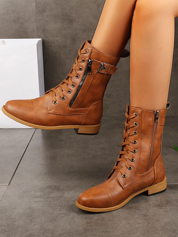 Leather Zipper Round Toe Boots