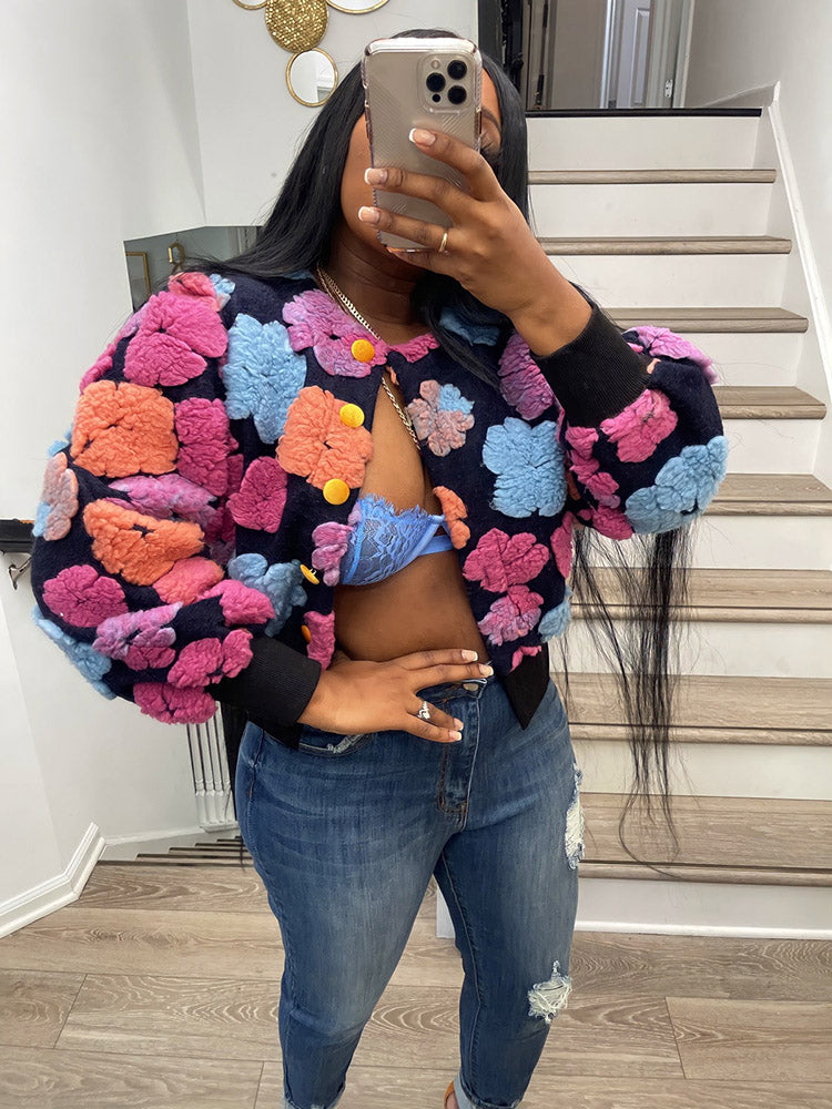 Flower Plush Button Coat