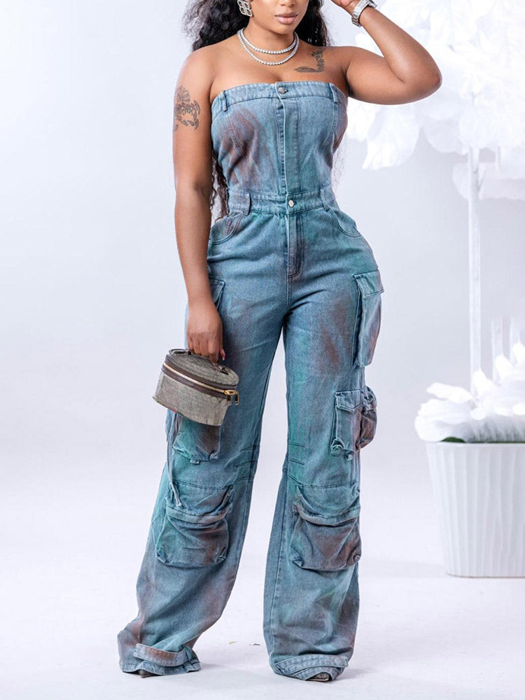 Denim Strapless Cargo Jumpsuit