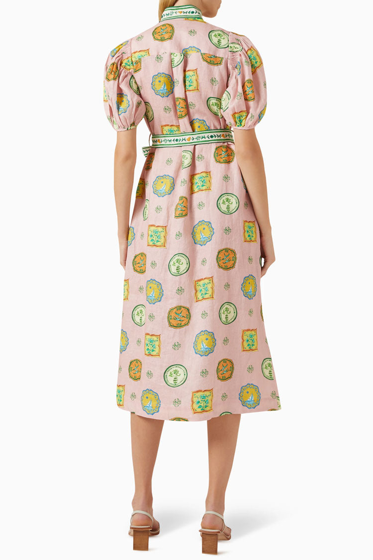 Joyful Scrawl Button Up Belted Blend Linen Summer Vacation Midi Dress