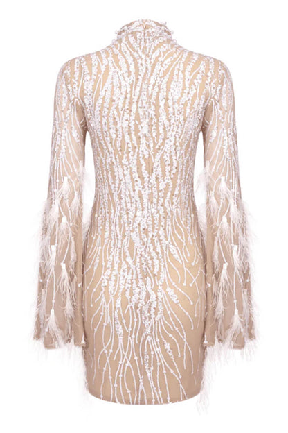 Lavish Feather Beaded Mock Neck Sheer Mesh Sequin Party Mini Dress