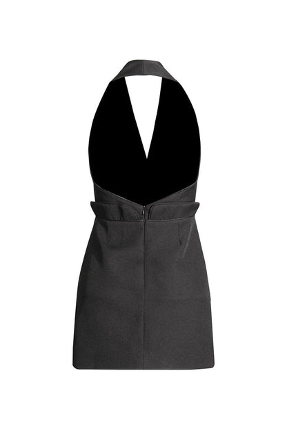 Luxe Halter Sleeveless Drop Waist Backless Bodycon Crepe Party Mini Dress