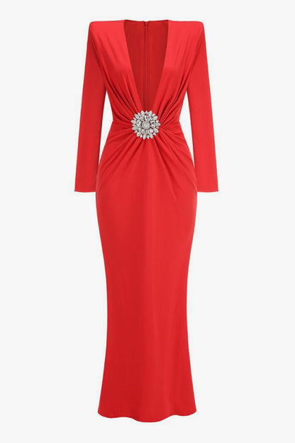 Luxurious Crystal Plunge Strong Shoulder Long Sleeve Evening Maxi Dress