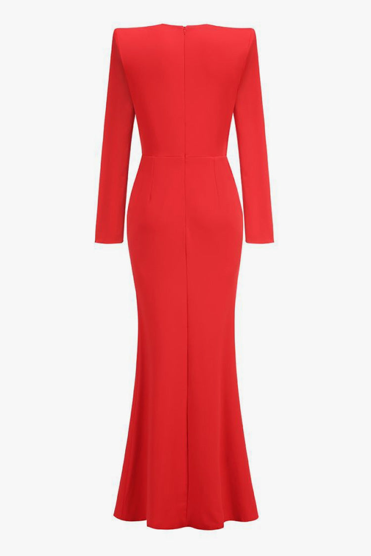 Luxurious Crystal Plunge Strong Shoulder Long Sleeve Evening Maxi Dress