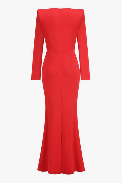 Luxurious Crystal Plunge Strong Shoulder Long Sleeve Evening Maxi Dress