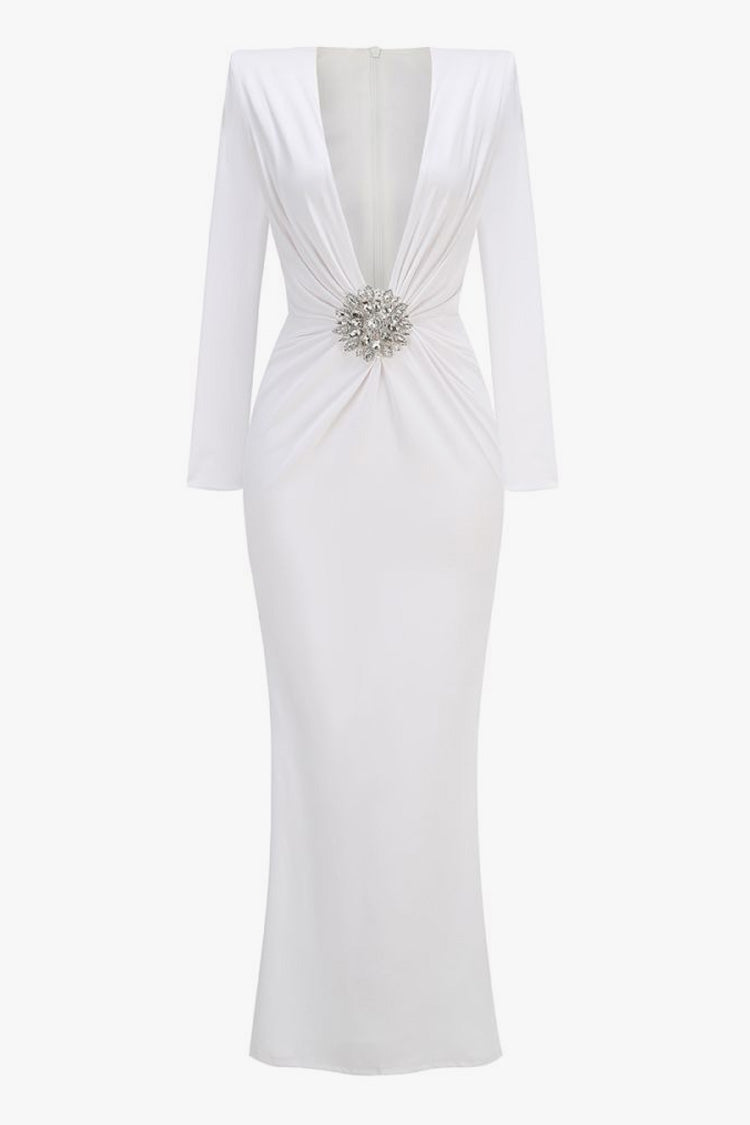 Luxurious Crystal Plunge Strong Shoulder Long Sleeve Evening Maxi Dress