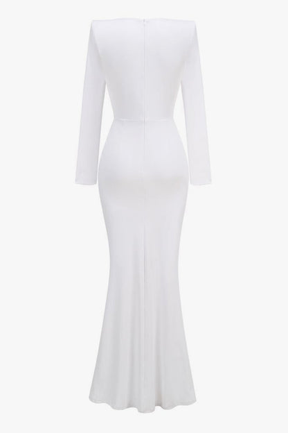 Luxurious Crystal Plunge Strong Shoulder Long Sleeve Evening Maxi Dress