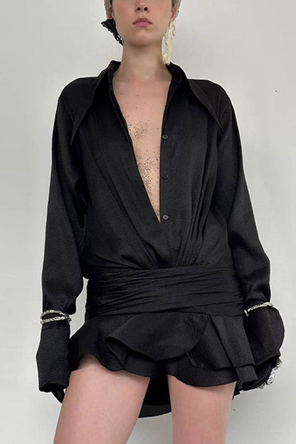 Luxury Crinkled Button Up Ruched Drop Waist Tiered Ruffle Mini Shirt Dress