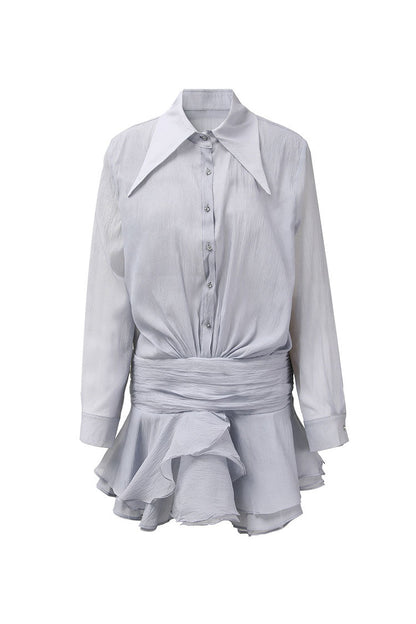 Luxury Crinkled Button Up Ruched Drop Waist Tiered Ruffle Mini Shirt Dress