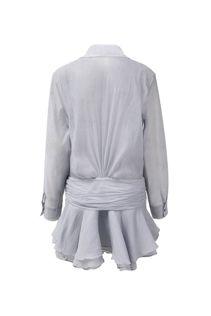 Luxury Crinkled Button Up Ruched Drop Waist Tiered Ruffle Mini Shirt Dress