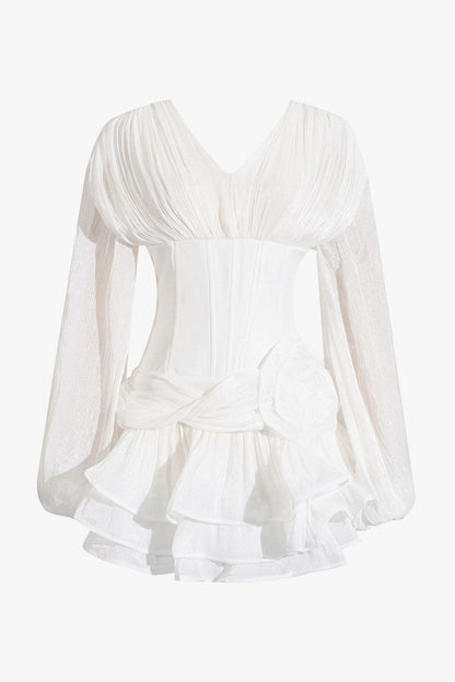 Luxury Lurex V Neck Pleated Rosette Corset Tiered Party Mini Dress