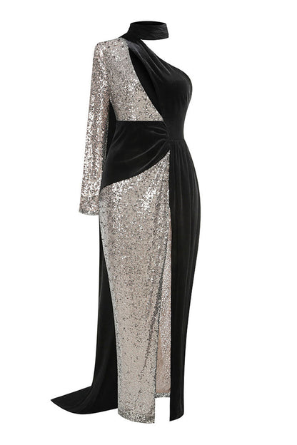 Luxury One Shoulder Draped Scarf Cutout Velvet Sequin Evening Maxi Dress