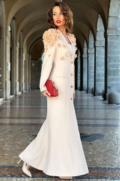 Luxury Rosette Trim Lapel Single Breasted Long Sleeve Blazer Maxi Dress