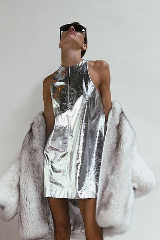 Metallic Crew Neck Sleeveless A Line Vegan Leather Party Mini Dress