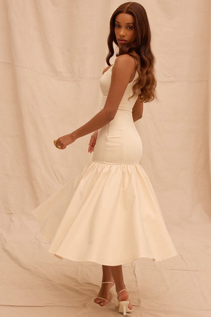 Minimal Scoop Neck Sleeveless Drop Waist Ruffle Cocktail Party Midi Dress