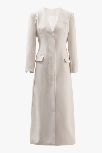 Minimalist Collarless V Neck Shoulder Pad Single Breasted Longline Coat