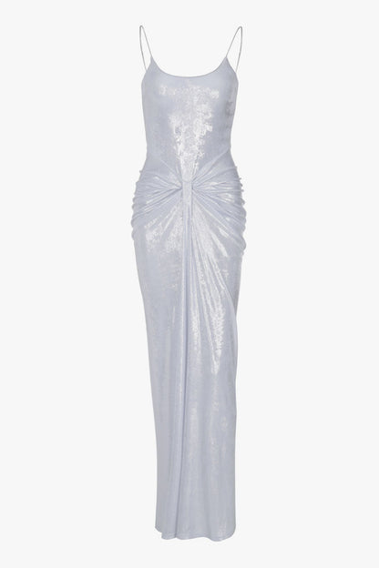 Minimalist Metallic Spaghetti Strap Gathered Draped Evening Maxi Dress