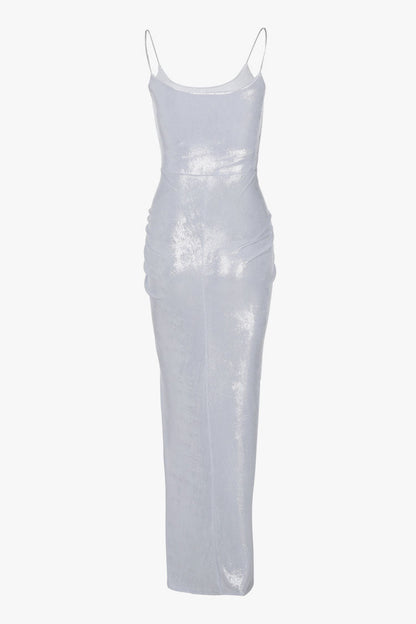 Minimalist Metallic Spaghetti Strap Gathered Draped Evening Maxi Dress