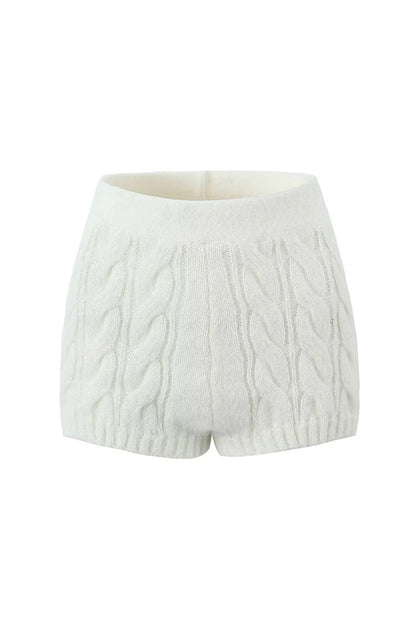 Minimalist Solid Color High Waist Ribbed Trim Cable Knit Shorts