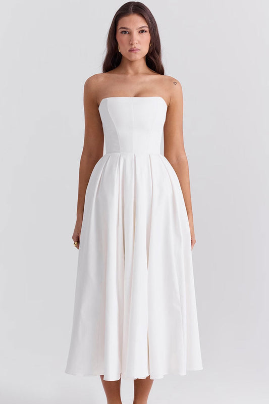 Minimalist Strapless Corset High Rise Pleated Fit & Flare Cocktail Party Midi Dress