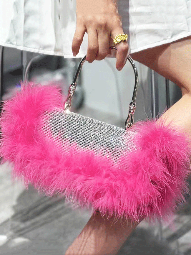 Furry Rhinestone Evening Clutch Bag