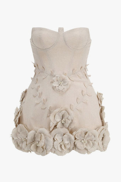 Opulent Balconette Bustier Strapless Linen Blend Rosette Micro Mini Party Dress