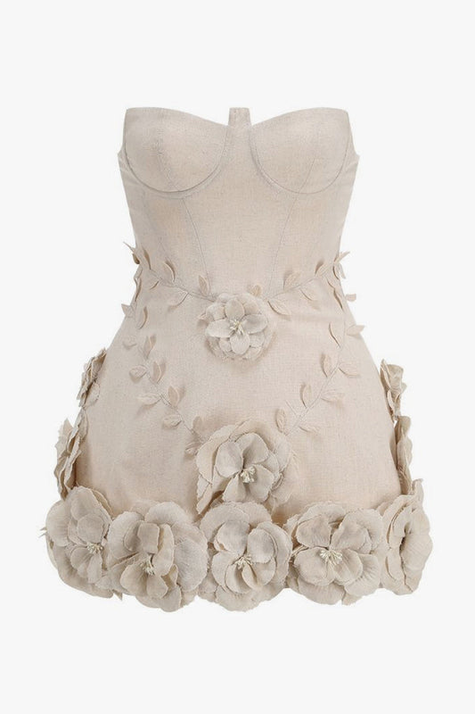 Opulent Balconette Bustier Strapless Linen Blend Rosette Micro Mini Party Dress