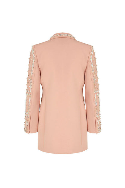 Opulent Rhinestone Beaded Shawl Collar Cinch Waist Long Party Blazer