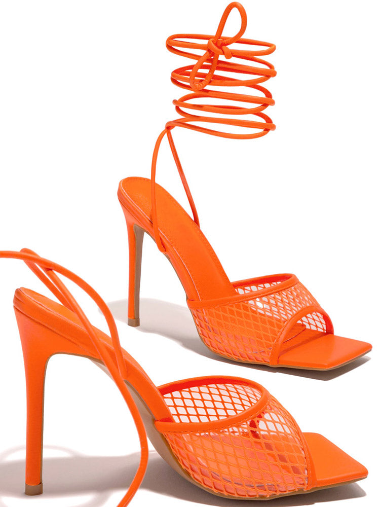 Square Toe Mesh Lace Up Heel