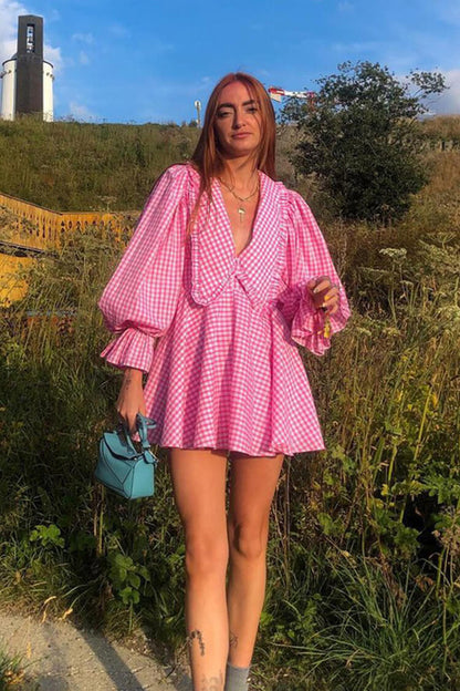 Oversized Collar Balloon Sleeve Empire Waist Gingham Babydoll Mini Dress