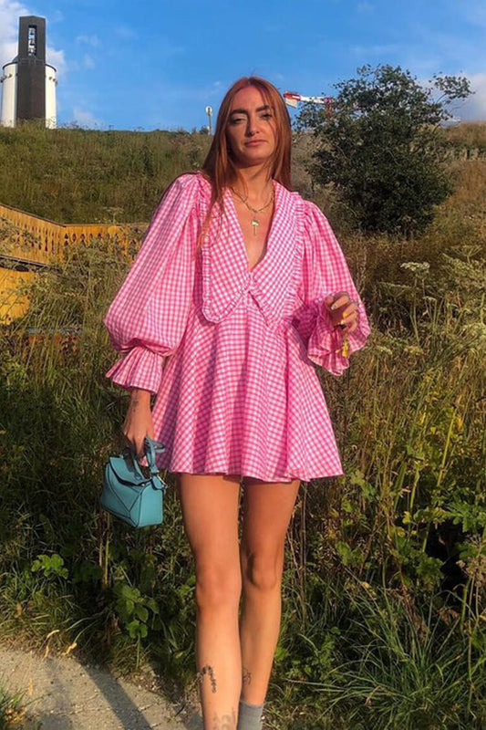 Oversized Collar Balloon Sleeve Empire Waist Gingham Babydoll Mini Dress