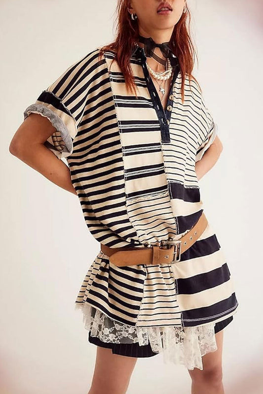 Oversized Stripe Print Patchwork Denim Collar Short Sleeve Mini T Shirt Dress