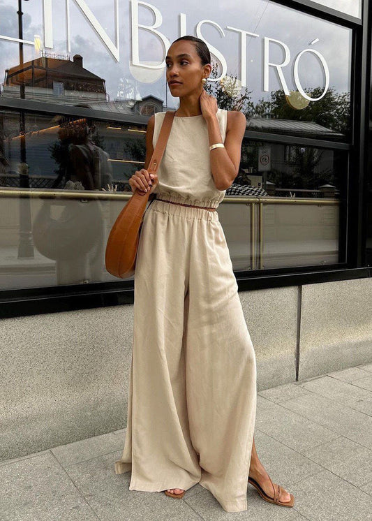 Savanna Wide-Leg Set – Beige Sleeveless Top & High-Slit Palazzo Pants