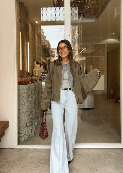 OliveAura Oversized Suede Zip Jacket