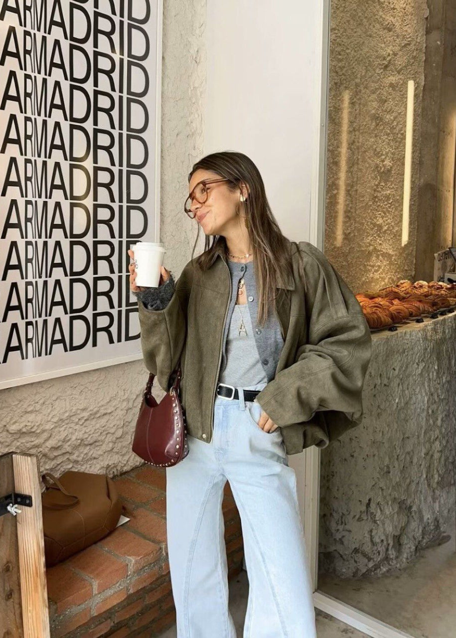 OliveAura Oversized Suede Zip Jacket