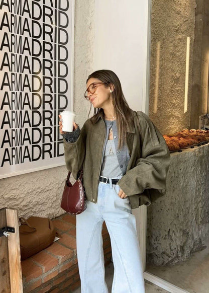 OliveAura Oversized Suede Zip Jacket
