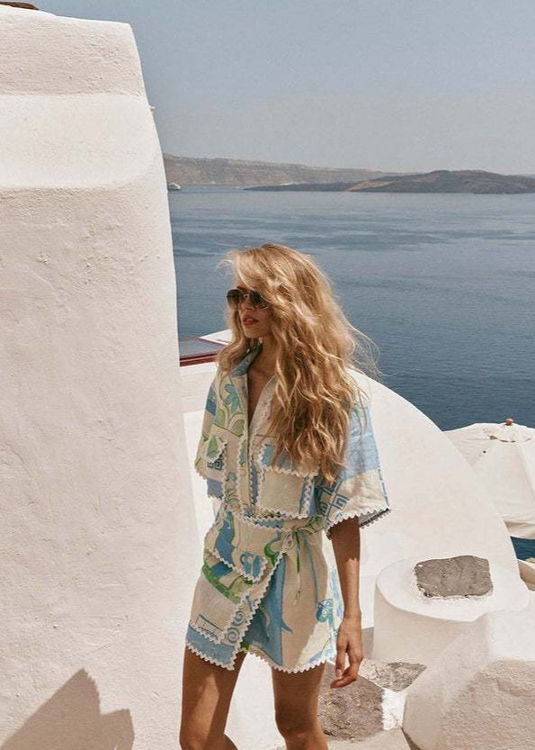 Santorini Sketch - Linen Shirt and Skirt Set